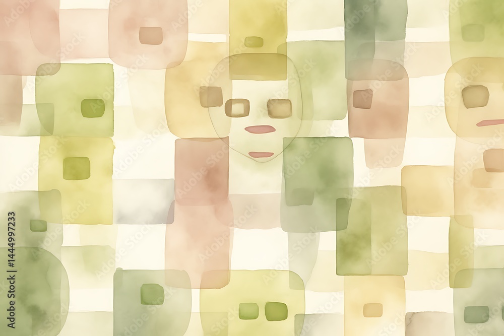 Poster abstract watercolor painting featuring numerous overlapping pastel toned squares and circles. faces 