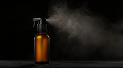 A dark background shows a spray bottle dispensing liquid mist