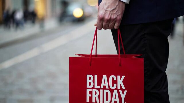 Professional businessman holding vibrant red shopping bag branded with black friday logo while walking along blurred urban street, embodying modern retail experience and consumer lifestyle