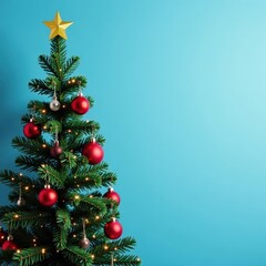Christmas tree branch with ornaments on blue wall, tree, branch, ornaments