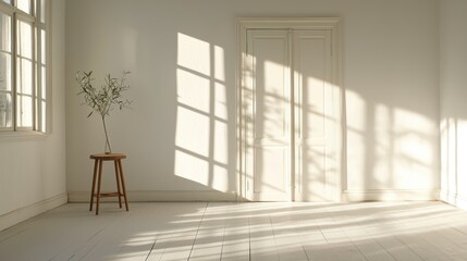 A light filled minimalist room with window shadow patterns
