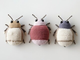 Three bugs made of yarn are sitting on a white background