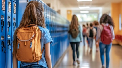 Naklejka premium School hallway scene Student with backpack walking past blue lockers, others blurred