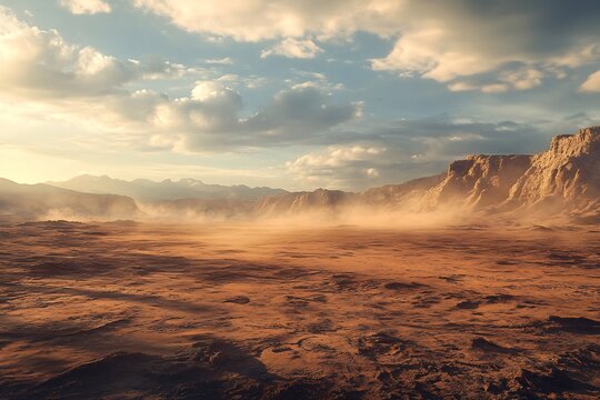 Stark desert landscape intricately detailed cracked earth windblown dust and an expansive sky rendered with realistic textures that mimic professional photography