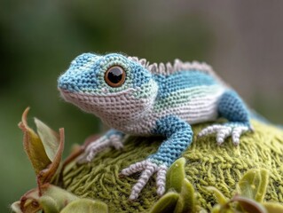 Fototapeta premium Blue and white crochet lizard is sitting on a green leaf