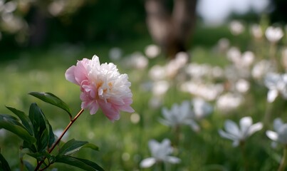 pale pink peonie on a meadow filled with beautiful white peonies under a magnolia tree glittering in the sunlight, Generative AI