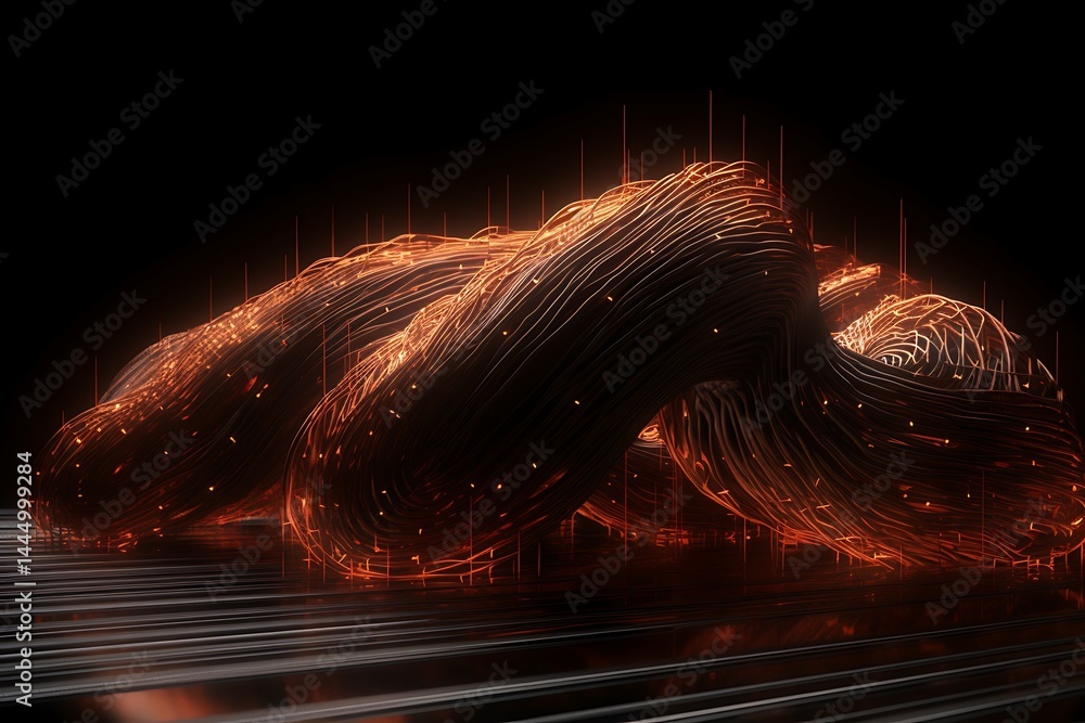Poster abstract 3d rendering of glowing orange and copper geometric shapes on a dark reflective surface. th