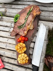 Close up Steak on wood plate.