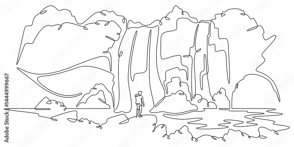 Poster continuous one line drawing a tourist stands at the foot of a waterfall. a traveler with a backpack.