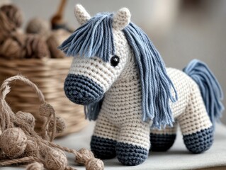 crochet white horse with blue hair is sitting on a table