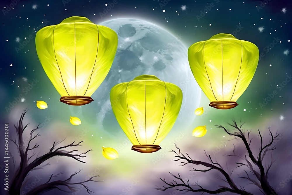 Poster three luminous green lanterns float against a backdrop of a full moon and a starry night sky. bare t