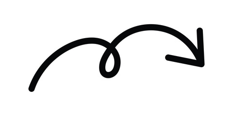 Hand drawn black swirling arrow symbol. n a white background. Vector illustration.