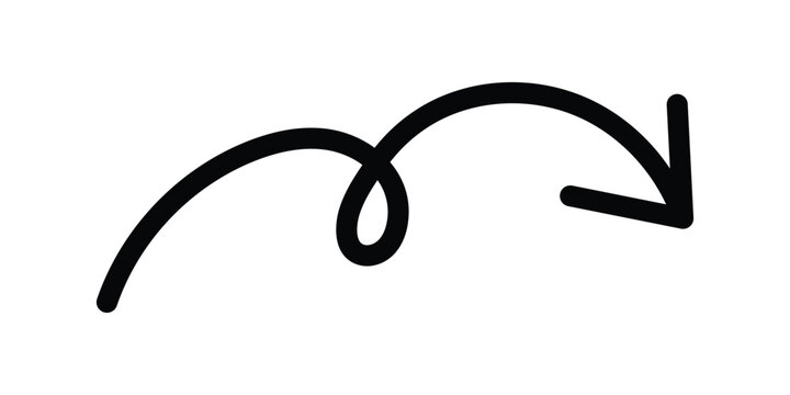 Hand drawn black swirling arrow symbol. n a white background. Vector illustration.