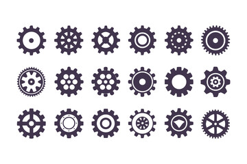 Gear Icon Vector Collection. Black Cogwheels, Mechanical Engineering Symbols, Industrial Sprocket Shapes, Machinery Parts, Abstract Gearwheel and Cog Graphics Set