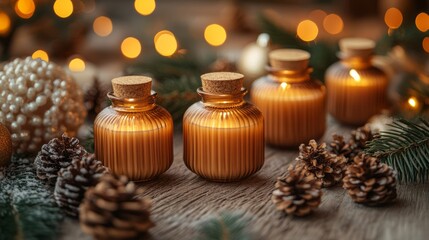 A beautiful still life featuring natural pine-infused cream in elegant bottles, surrounded by pine cones, showcasing the homemade essence and health benefits of organic skincare products.