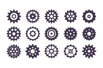 Gear Icon Vector Collection. Black Cogwheels, Mechanical Engineering Symbols, Industrial Sprocket Shapes, Machinery Parts, Abstract Gearwheel and Cog Graphics Set