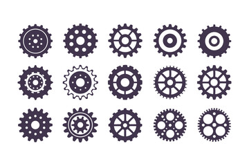 Gear Icon Vector Collection. Black Cogwheels, Mechanical Engineering Symbols, Industrial Sprocket Shapes, Machinery Parts, Abstract Gearwheel and Cog Graphics Set