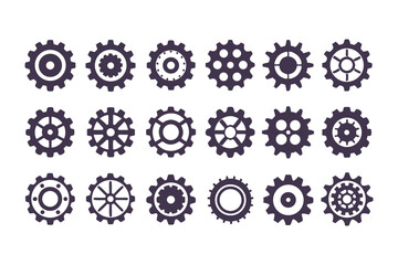 Gear Icon Vector Collection. Black Cogwheels, Mechanical Engineering Symbols, Industrial Sprocket Shapes, Machinery Parts, Abstract Gearwheel and Cog Graphics Set