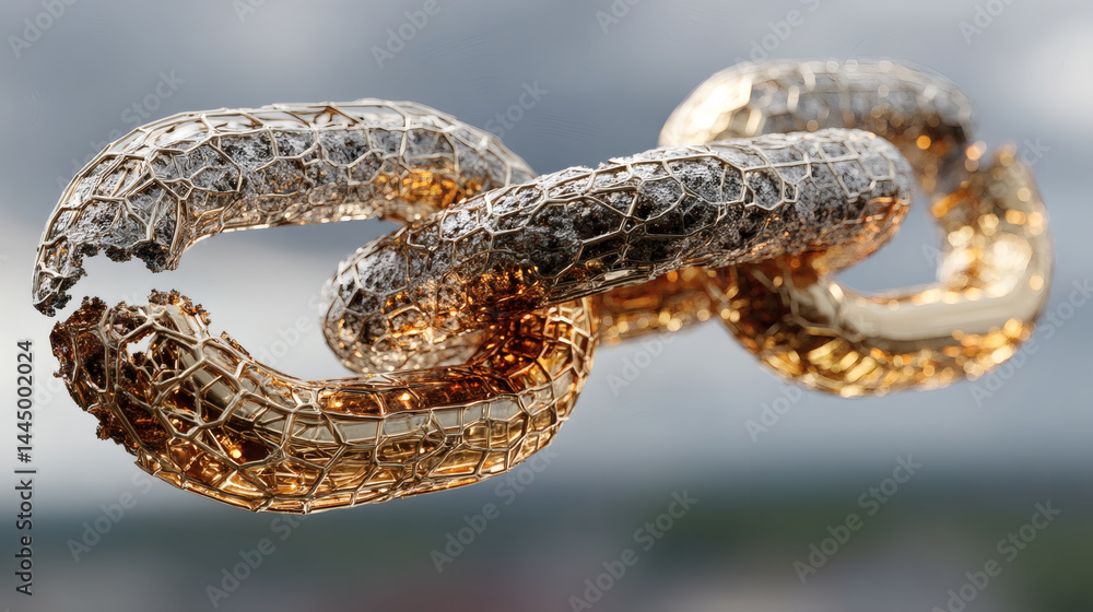 Poster abstract close-up of interconnected metallic links on a cloudy background