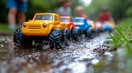 Fototapeta premium Bright toy trucks race through puddles, splashing water joyfully as children play nearby on a damp, overcast day