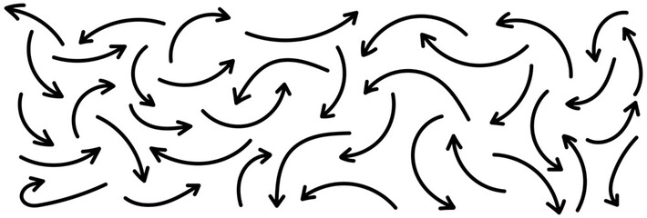 Charcoal hand drawn pencil arrows. Black doodle curved chalk arrows. Texture design elements of scribble lines arrows. Vector illustration of hand drawn doodle arrow on a white background. 