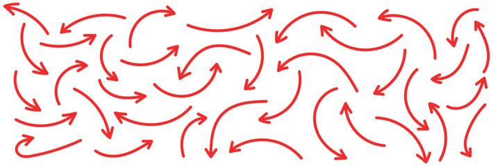 Crayon squiggly red arrow set. Hand drawn chalk elements in flat style. Doodle movement spiral arrows, scribble, lines. Pencil brush for icon, sketch. 