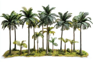 Tropical palm trees, various heights and types, on a grassy island, studio shot Detailed palm fronds, realistic miniature plants, model scenery