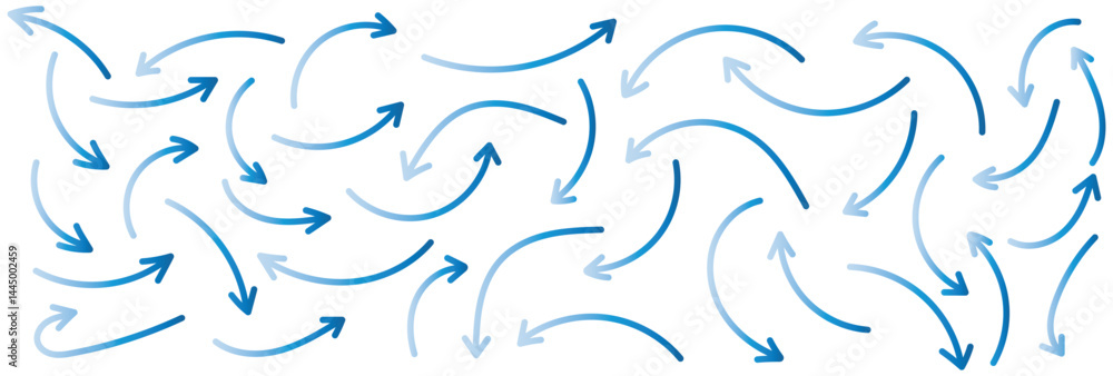 Poster a set of simple lines, drawn blue arrows in various style. set of simple of hand-drawn blue arrows. 