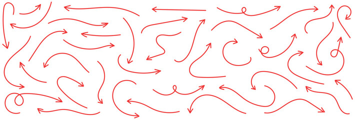 Crayon squiggly red arrow set. Hand drawn chalk elements in flat style. Doodle movement spiral arrows, scribble, lines. Pencil brush for icon, sketch. 