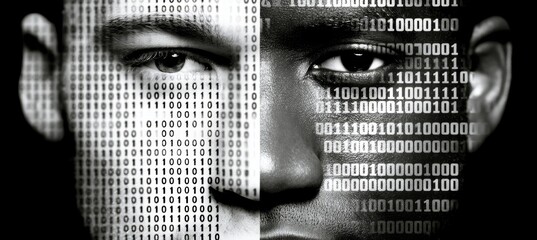 Double Exposure Portrait of a Person, Half Face Transforming with Digital Binary Code Layers.
