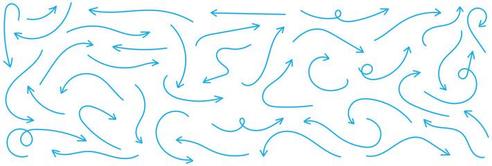 Set of Blue Hand drawn vector arrows doodle on white background. Hand drawn brush vector arrows. Hand drawn organic arrow set. Hand drawn arrow vector icons set. Blue sketch arrow set.