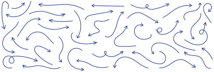 Hand drawn vector arrows doodle set. Long curved hand drawn arrow vector. grunge arrow . Set of black hand drawn grunge doodle spiral and curved charcoal. Set of blue hand drawn doodle arrows.