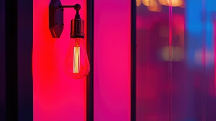 Illuminated light bulb fixture attached to the wall displays a vibrant glow