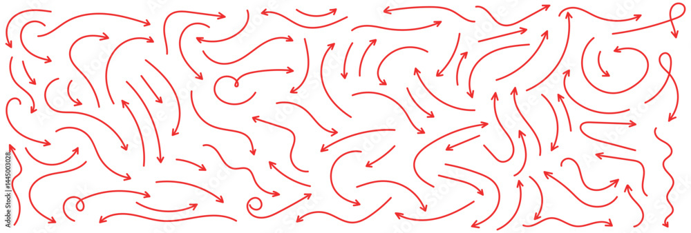 Poster arrow vector red hand drawn sketch icon set. doodle sketch drawn red direction element set. pencil d