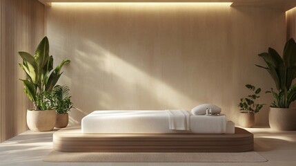 Serene minimalist room with a raised platform bed, potted plants, and warm lighting