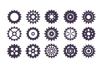 Gear Icon Vector Collection. Black Cogwheels, Mechanical Engineering Symbols, Industrial Sprocket Shapes, Machinery Parts, Abstract Gearwheel and Cog Graphics Set
