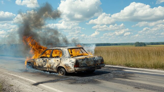 Burning car engulfed in flames from accident or arson on a rural road emitting dark smoke,