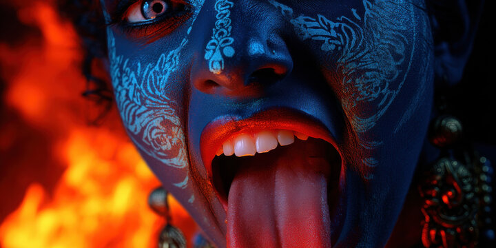 A vivid depiction of fierce artistic portrait of goddess kali with blue skin, ideal for creative, commercial, or editorial purposes.
