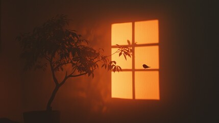 Silhouette of a tree and bird next to a lit window