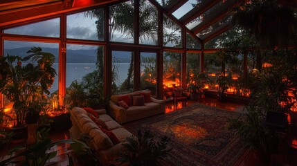 Fototapeta premium A Cozy Glass House Interior Overlooking a Calm Body of Water