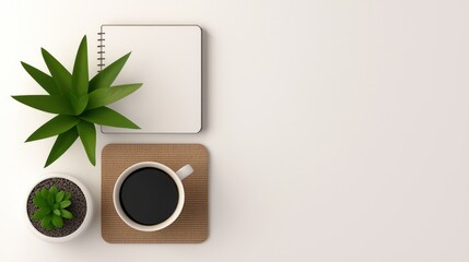 A top down view of a desk with coffee and plants