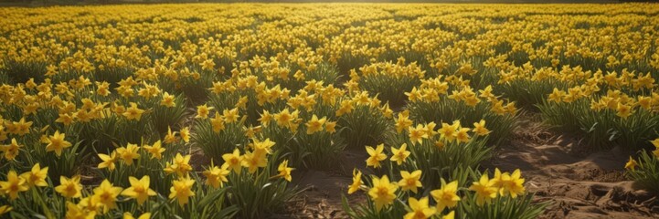 Fototapeta premium Golden daffodils carpet a sun-drenched field, joyful seasonal scene, golden, outdoor, landscape