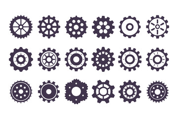 Gear Icon Vector Collection. Black Cogwheels, Mechanical Engineering Symbols, Industrial Sprocket Shapes, Machinery Parts, Abstract Gearwheel and Cog Graphics Set