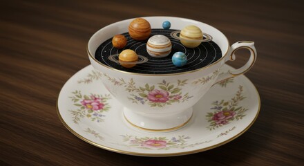 Planets inside a teacup with floral design