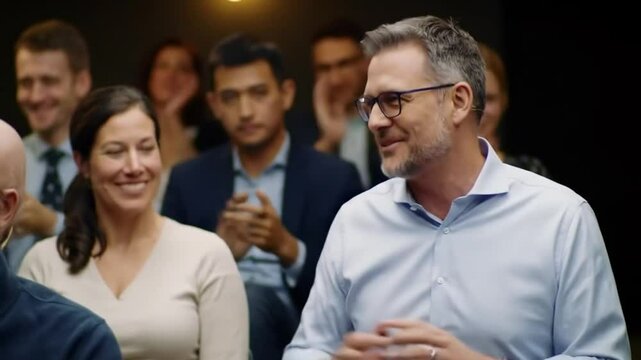 Seminar, audience and business man with listening at project lecture and feedback presentation with smile. Corporate training, conference and people at tradeshow with attention and group at workshop