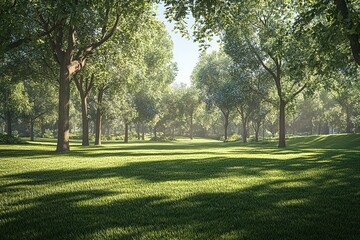 Obraz premium Tranquil Parkland Scenery Lush Green Meadow, Shade Trees, Sunny Sky, Serene, Peaceful