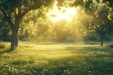 Fototapeta premium Sunny Meadow With Trees, Lush Grass, White Flowers, and Sunbeams Tranquil Scenery