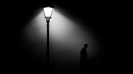 Obraz premium A solitary figure standing near a lamppost in the darkness