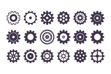 Gear Icon Vector Collection. Black Cogwheels, Mechanical Engineering Symbols, Industrial Sprocket Shapes, Machinery Parts, Abstract Gearwheel and Cog Graphics Set