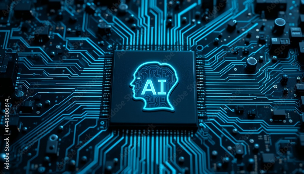 Poster advanced microchip illustrating the concept of artificial intelligence technology